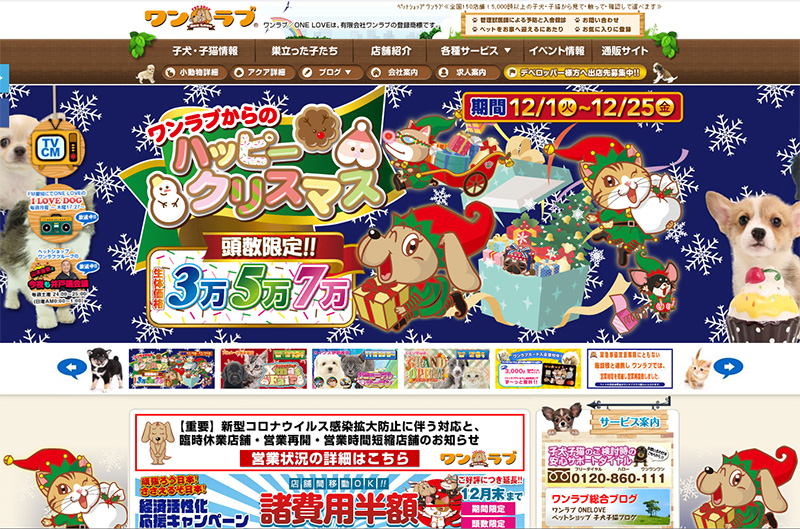 ペットショップワンラブホームページトップイメージ12月