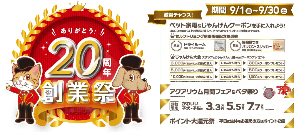 【ありがとう！２０周年創業祭 開催！！】２０年の感謝を込めたワンラブ創業祭 ☆｜9/1～9/30まで