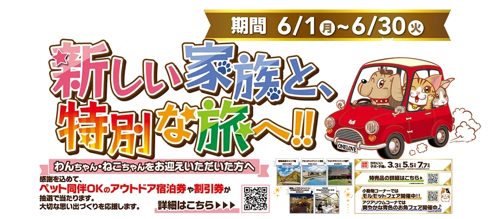 【新しい家族と特別な旅へ！！】ワンラブでお迎えして～旅行クーポンを当てよう！！ ｜6/1～6/30まで