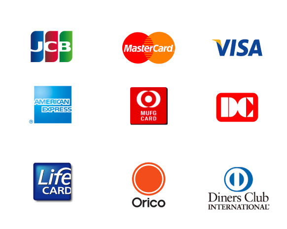 JCB,MasterCard,VISA,American Express,MUFG CARD,DC CARD,Life CARD